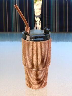 TOMO Rose Gold Crystal Stainless Steel Coffee Mug Tumbler and Glam Straw, 19 Oz